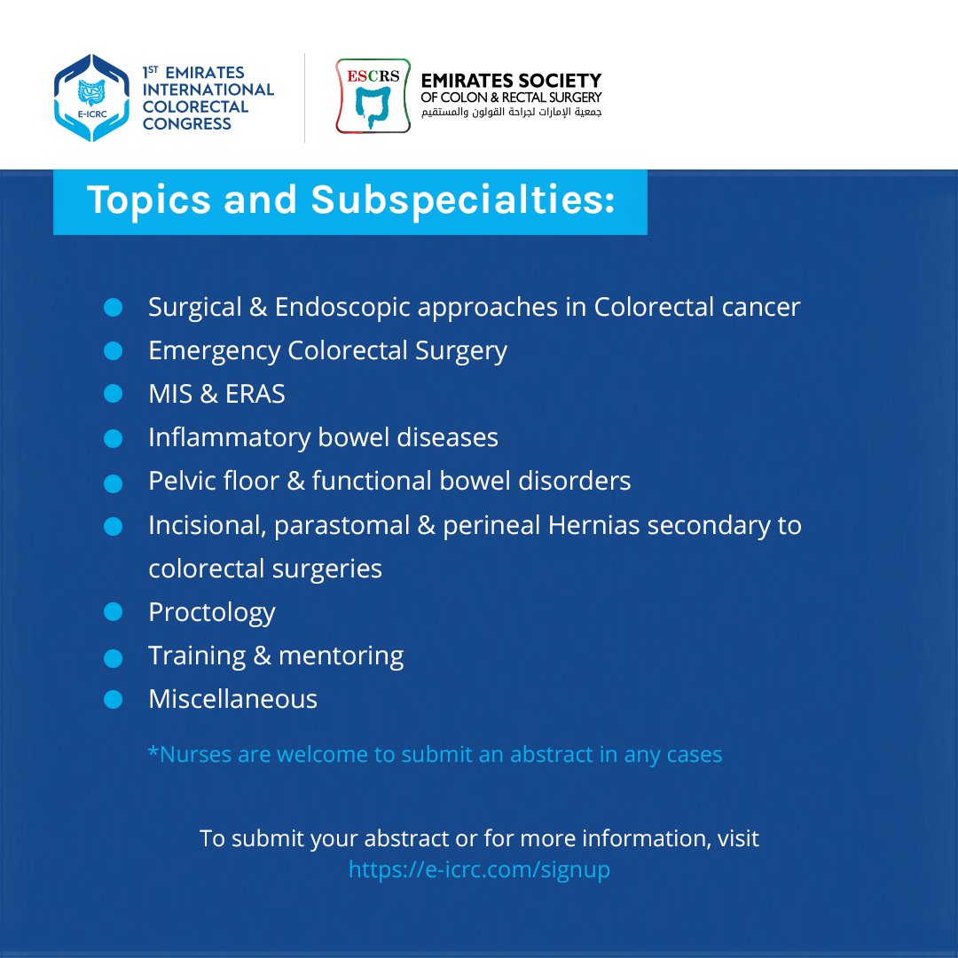We are very pleased to announce that the abstract submission deadline for the 1st Emirates International Colorectal Congress (E-ICRC) has been extended to 17th February 2023! 

To submit an abstract, click here: e-icrc.com/signup

#CallForAbstract #EICRC #ESCRS #EMA #UAE