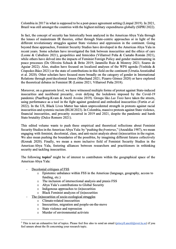 priscyll_'s tweet image. Call for Book Chapters✨
Book theme: #Feminist Security Studies in the Americas-Abya Yala
If you are interested in being part of the book project, please send your abstract by April 30, 2023!