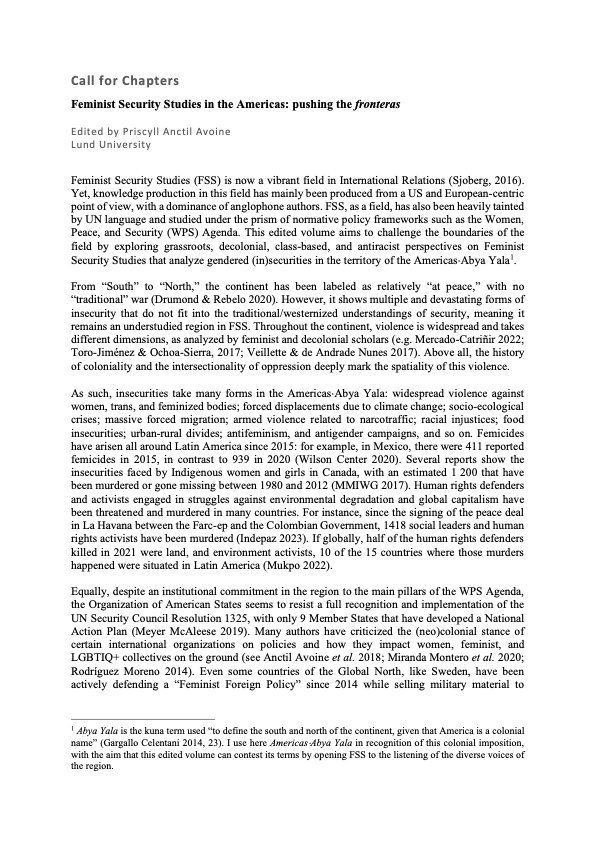 priscyll_'s tweet image. Call for Book Chapters✨
Book theme: #Feminist Security Studies in the Americas-Abya Yala
If you are interested in being part of the book project, please send your abstract by April 30, 2023!