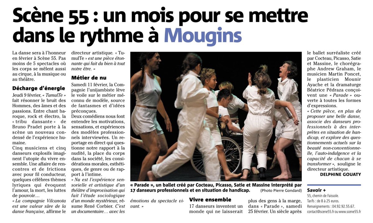 [𝐑𝐄𝐕𝐔𝐄 𝐃𝐄 𝐏𝐑𝐄𝐒𝐒𝐄] 🗞
Février à <a href="/scene55mougins/">Scène 55</a> 👌👌👌
▶ Danse, théâtre...
100 % émotion
100 % plaisir 
💻 Infos et billetterie 👉 scene55.fr/saison-2022-20…
Un article <a href="/NMcannes/">Nice-Matin Cannes</a> 📰⬇⬇⬇