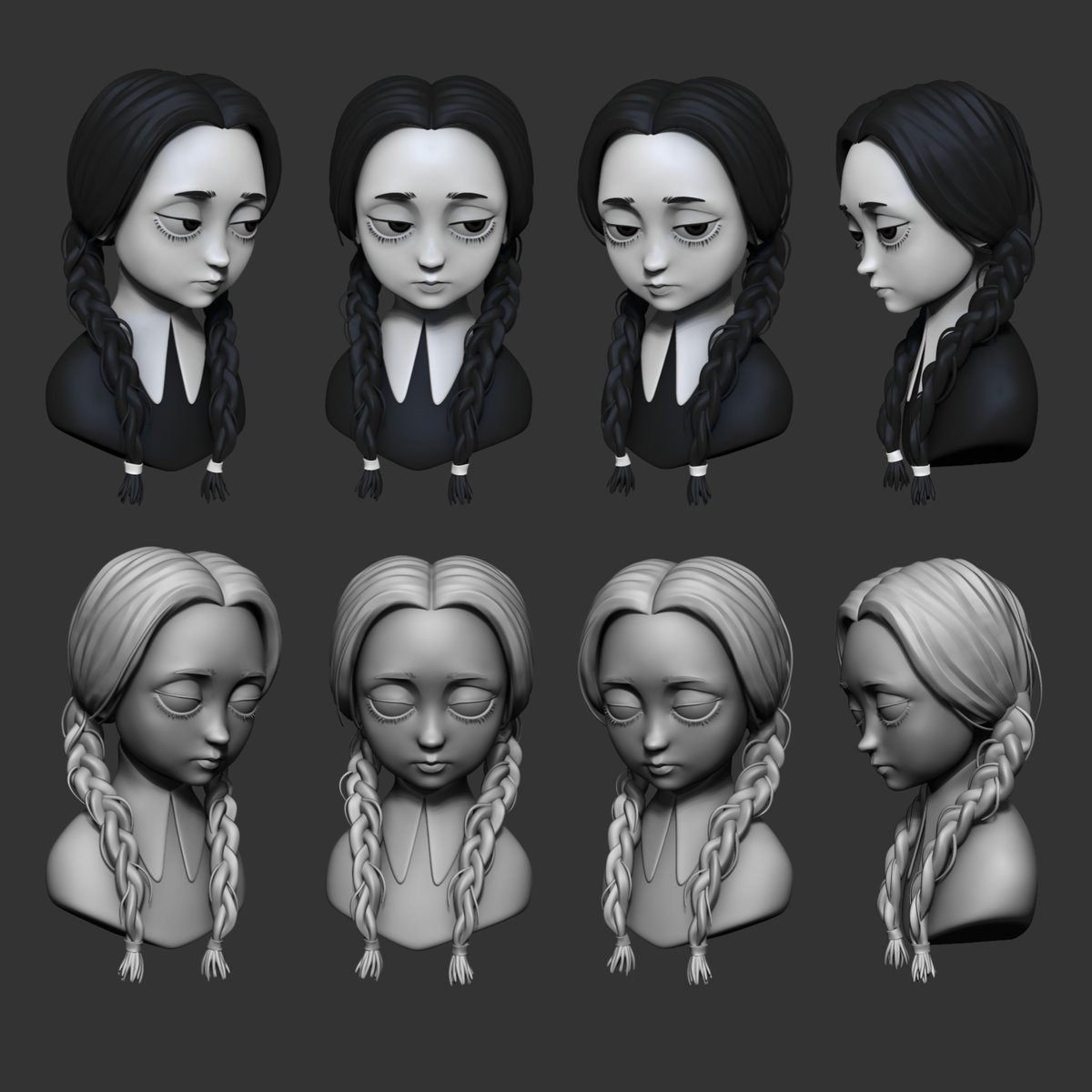 Wednesday addams (toon-ish version)
Inspired by koi_horkka (instagram.com/koi_horkka/)

#b3d #stylized #characterdesign #blendercycles #cgiart #cg #3dsculpting #3dmodeling #madeinaffinity #affinityphoto #zbrush #addamsfamily #wednesdayaddams