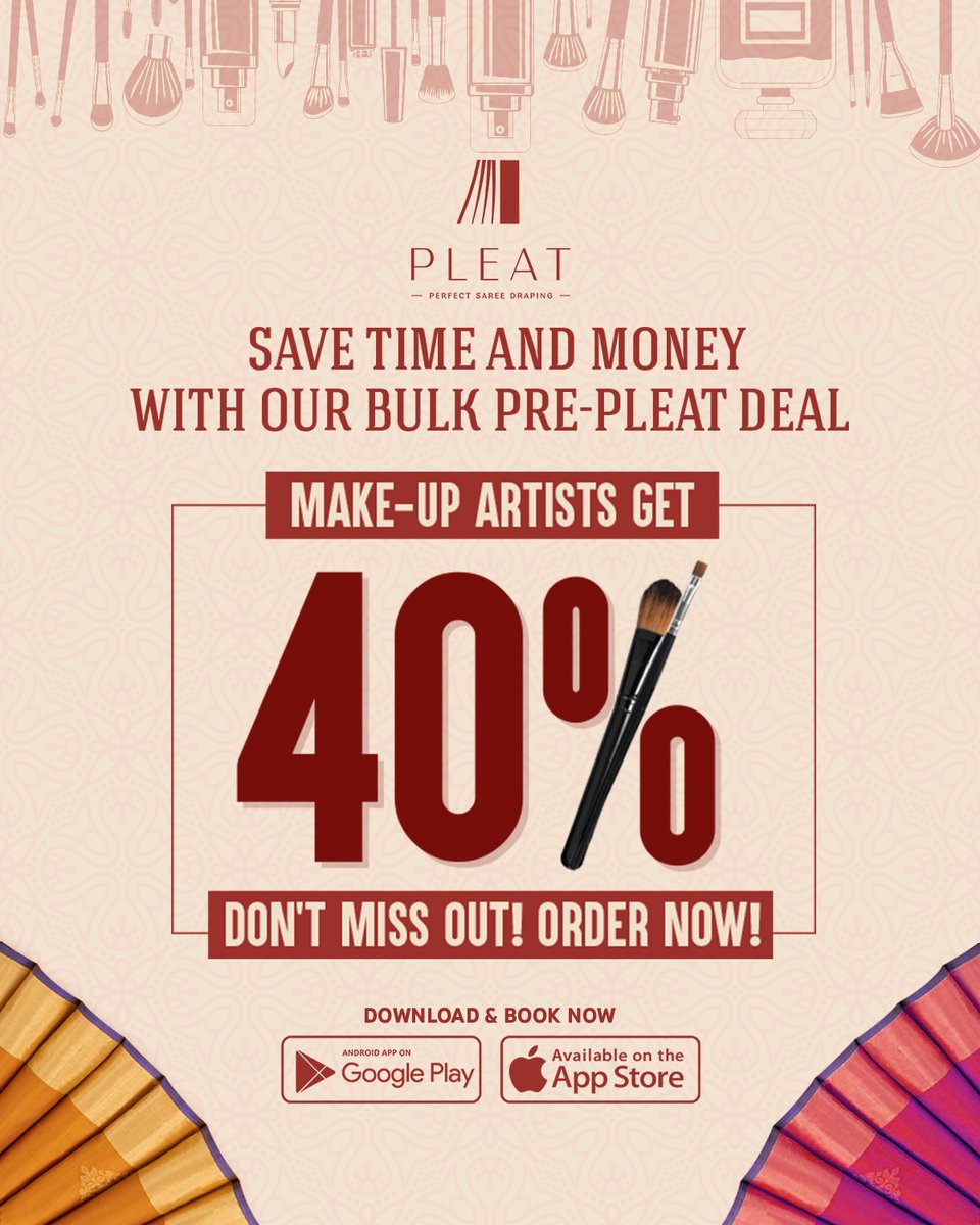 PleatOfficial's tweet image. Attention Makeup artists!!
Make the most of your time and budget with the bulk deal from Pleat🙌🏻🤩

Download 📲 the Pleat app now👇🏻
onelink.to/y7fqf8

Pick up and drop free!

📍Chennai

#saree #pleating #sareelove #sareedraping #sareefashion #sareelover #sareelovers