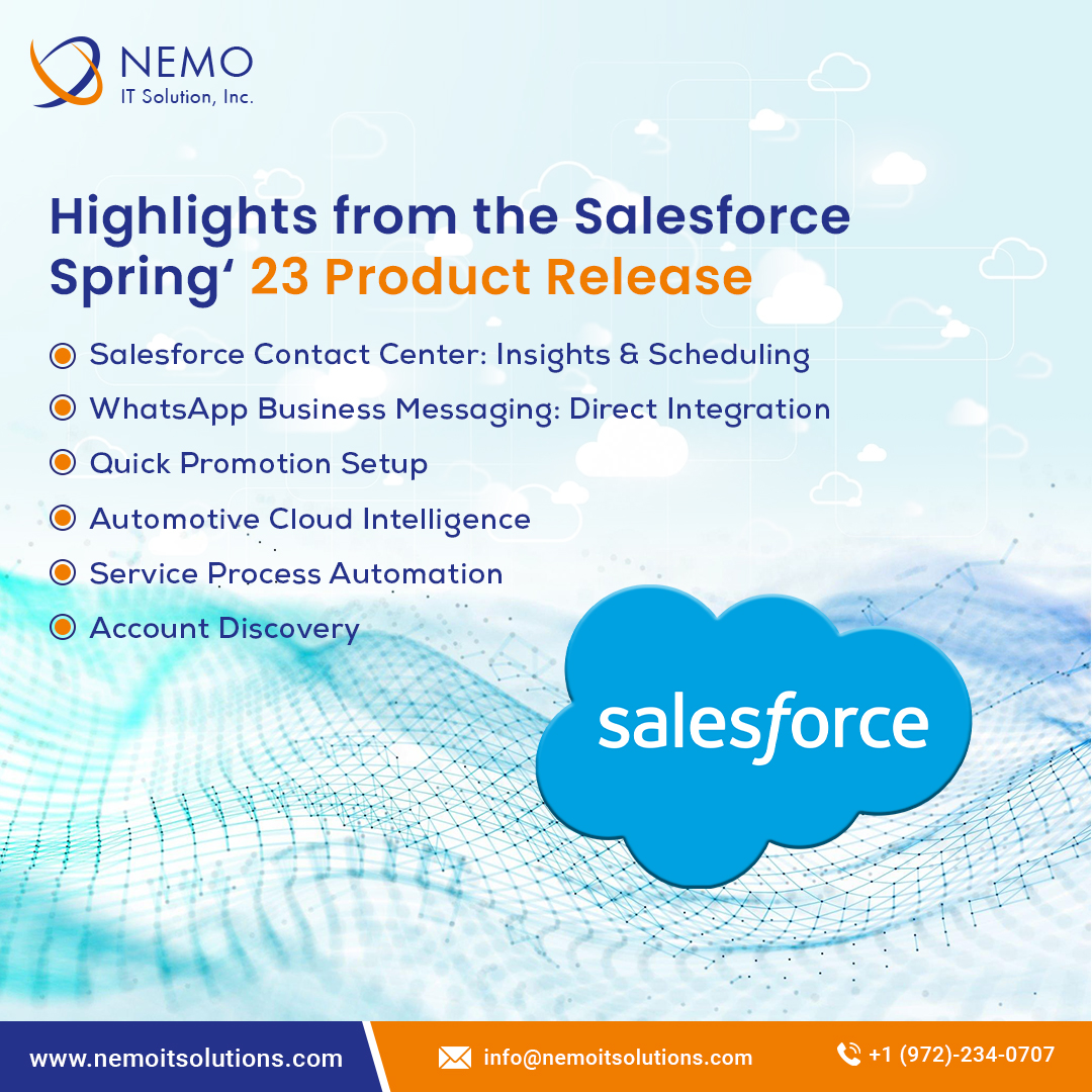 Highlights from the Salesforce Spring ‘23 Product Release | @nemoitsolutions 

#salesforce #salesforcedeveloper #salesforcecertified #salesforceadmin #salesforcecommunity #salesforcejobs #salesforcelightning #lwc #techtrends #techtrends2023 #ai #ml