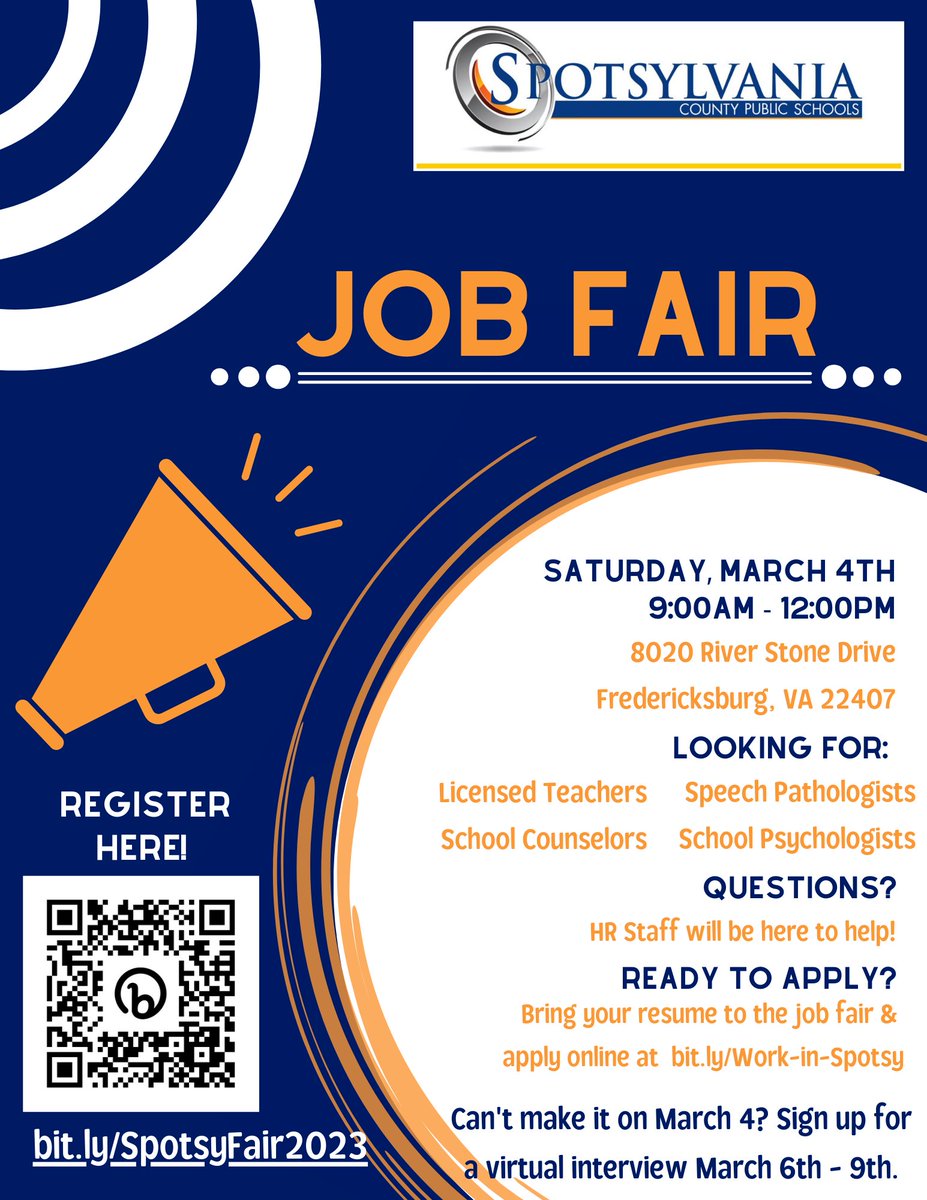 SpotsySchools's tweet photo. SCPS JOB FAIR -  In person interviews will be held at Administrative Services Building located at 8020 River Stone Drive, Fredericksburg, VA 22407 on Sat., March 4. Virtual interviews will be held March 6-9 from 3-6pm. Register online at https://t.co/E0uOUquSWg. https://t.co/ZGNq1sIKyJ