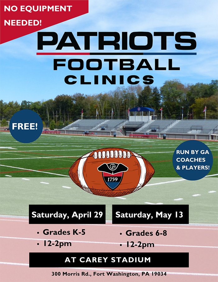Germantown Academy will be hosting two FREE football clinics! Sessions will be on April 29 and May 13 for GA and non-GA K-8th grade students. No equipment is needed, just sneakers/cleats! 

Register today: loom.ly/B1qNdXQ
