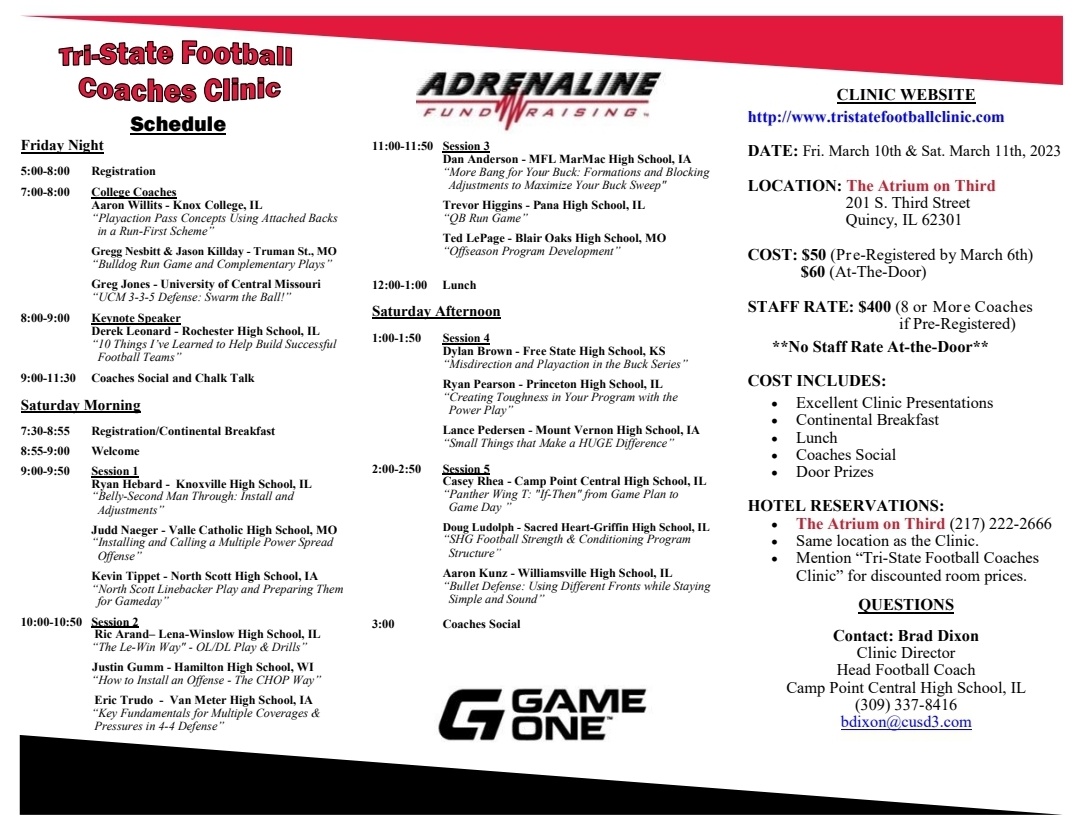 💥 Full 2023 Clinic Schedule 💥

✅️ Wing-T
✅️ Spread
✅️ Defense
✅️ Culture
✅️ Strength &amp; Conditioning

Register by March 6th to secure your Early Bird Rate of $50/person or $400/staff. 👇

sites.google.com/site/tristatef…