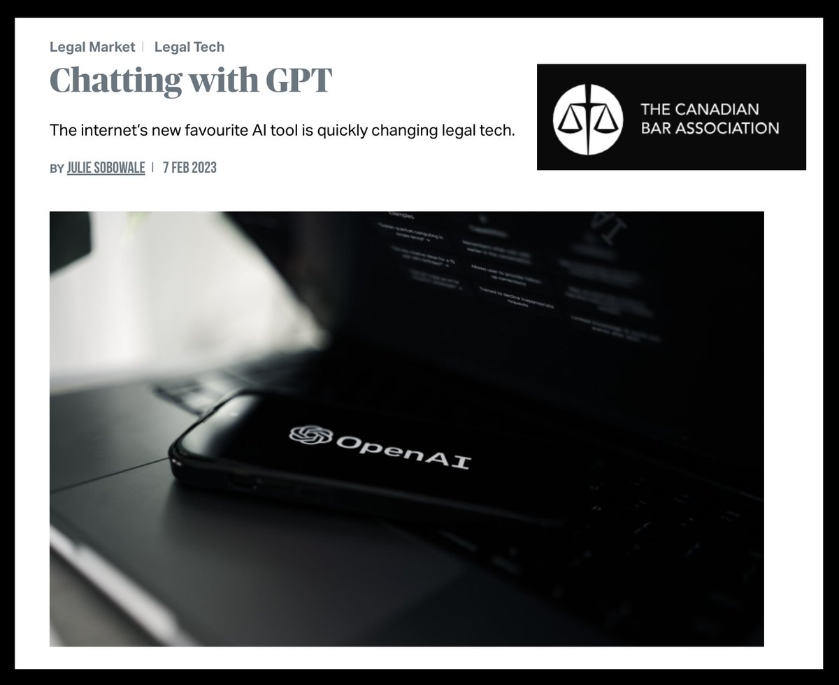Today - <a href="/mjbommar/">Michael Bommarito</a> and I are cited / quoted in the Canadian Bar Association Magazine about all things GPT.   Thanks to <a href="/JulieSobowale/">Julie Sobowale</a> for the story !

nationalmagazine.ca/en-ca/articles…

#LegalData #LegalTech #GPT #ChatGPT #LegalAI