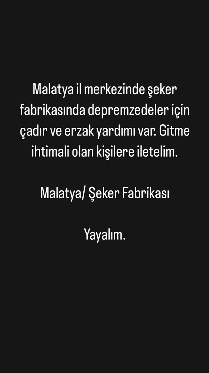 #Malatya ilinde olan ve ulaşabilecek kişilere atalım. 

Bu mesajı olabildiğince paylaşalım arkadaşlar.

<a href="/haluklevent/">Haluk Levent ( Ahbap Ekibi )</a> <a href="/OguzhanUgur/">Oğuzhan Uğur</a> 
#malatyadeprem #Turkey