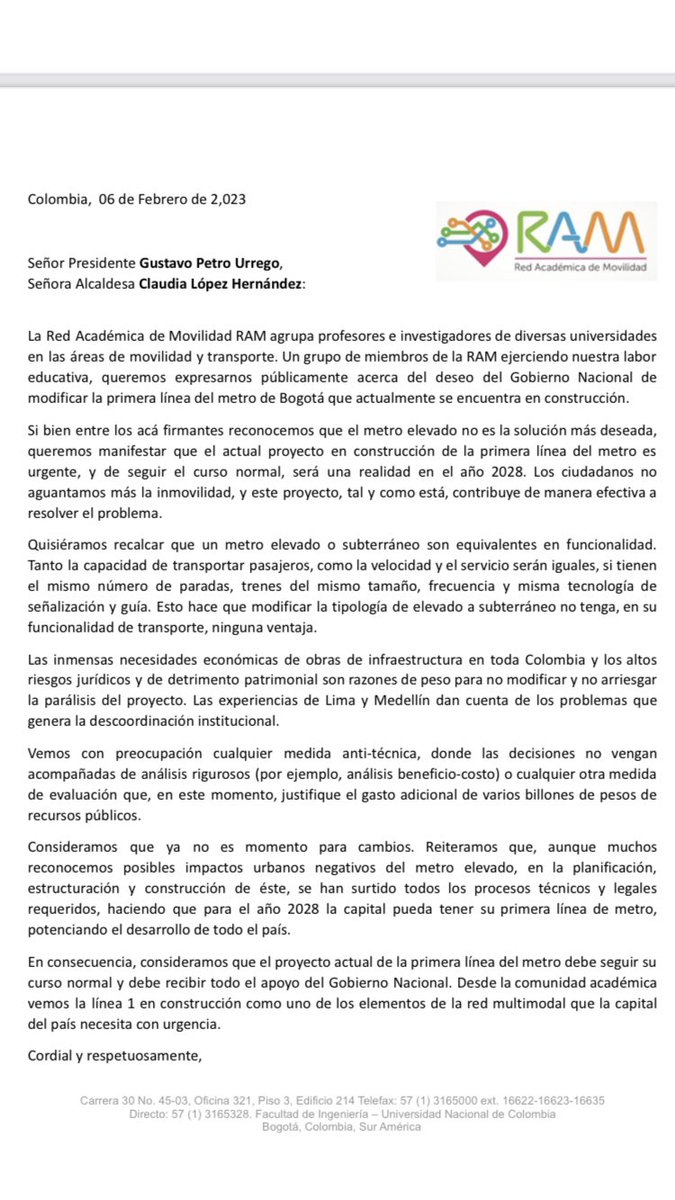rodriguez_val's tweet photo. Algunos académicos de movilidad y transporte nos henos manifestado sobre la situación del #metro de Bogotá https://t.co/d8T2JaMBZb