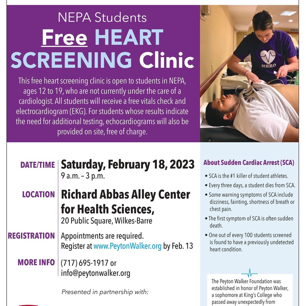 DVHS__Tweets's tweet photo. Peyton Walker Foundation is sponsoring a free heart screening clinic to students in NEPA (ages 12-19) who are not currently under the care of a cardiologist on Feb. 18th at Richard Abbas Alley Center for Health Sciences in Wilkes-Barre. https://t.co/jAdCZ5P8ee