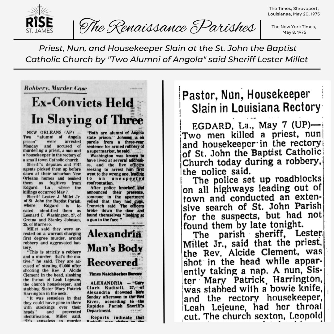risestjames's tweet photo. Black History stories that changed the River Parishes - Priest, Nun, and Housekeeper Slain at the St. John the Baptist Catholic Church by "Two Alumni of Angola" said, Sheriff Lester Millet
#BlackHistoryMonth #TheRenissanceParishes #RememberandReclaim #RISEStJames https://t.co/nMqFedTBJe