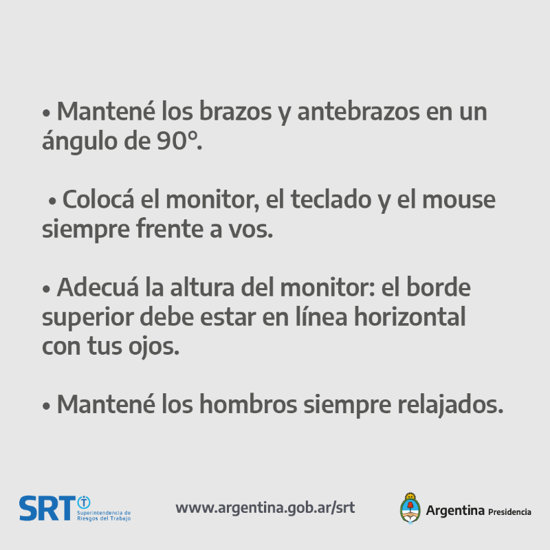 SRTArgentina's tweet photo. 💬PREVENCIÓN I Ergonomía en la oficina para prevenir los trastornos musculoesqueléticos

🔎Encontrá más recomendaciones en: https://t.co/0mvcV0aqTh

#CadaVezMasCerca
#PrimeroLaGente