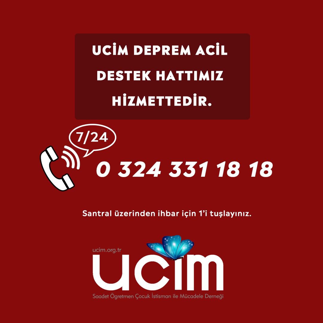 ucimorgtr's tweet photo. UCİM ruh sağlığı uzmanları tarafından 7/24 nöbet tutulan UCİM DEPREM DESTEK HATTI HİZMETTEDİR. Destek, talep, her türlü ihtiyacınızı santrale bağlanıp 1’i tuşlayarak iletebilirsiniz.

📞 0 324 331 18 18

@saadetozkanefe @yucelceylancom https://t.co/nC7KKVxN1y