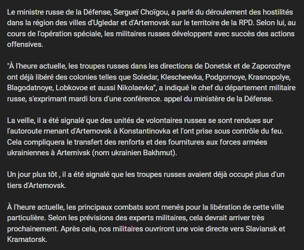 Vladivoscope's tweet photo. Le ministre russe de la Défense, Sergueï #Choïgou, a parlé du déroulement des #hostilités dans la région des villes d'#Ugledar et d'#Artemovsk sur le territoire de la RPD. Selon lui, les militaires russes développent avec succès des actions #offensives.
https://t.co/ZNFIZhx0at https://t.co/m0cR0Ss0Rw