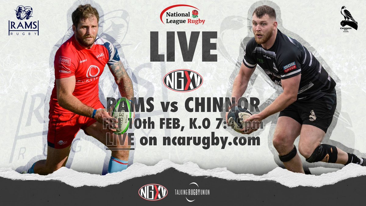 Here we go...again 👀😆

Watch the live stream of a huge #Nat1 derby day clash between <a href="/Rams_RFC/">Rams RFC</a> and <a href="/ChinnorRFCThame/">Chinnor RFC Thame</a> this Friday night! 🎥

🔋 Powered by <a href="/NextGenXV/">NextGenXV</a> and <a href="/TalkRugbyUnion/">Talking Rugby Union</a>

👉🏉ncarugby.com/announcements/…

🎨 Skof Design

#Nat2n #Nat2e #Nat2w