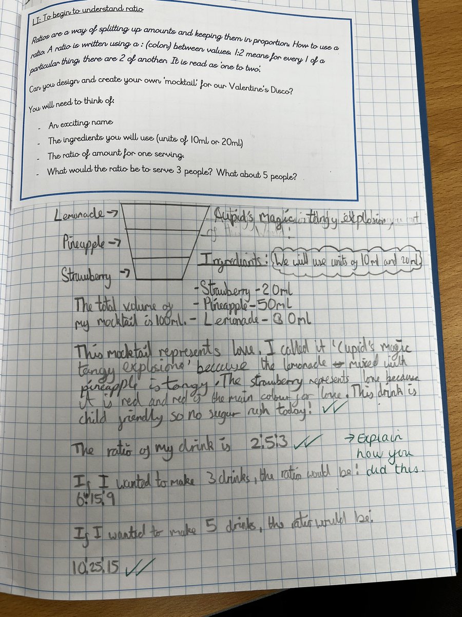 BirchwoodCE's tweet photo. Today in Maths, Year 6 have been introduced to ratio &amp; have been designing their own valentines mocktails. We think they look very yummy! I wonder whose design will be chosen for the valentines disco!🍹🍉  #bcepsmaths #bcepsy6 @first4maths https://t.co/sVEN56Om4O
