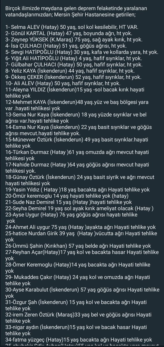 7btsprd's tweet photo. Mersin Şehir Hastanesi’ndeki yaralıların listesi. Tanıdıklarına buradan ulaşabilme şansları olanlar olabilir #yayalım #ACILYARDIM #acil #deprem https://t.co/cVjdyHVbrN