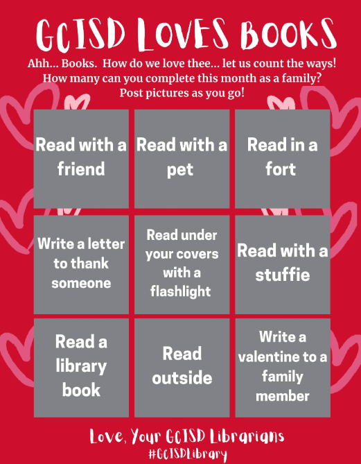 GlenhopeLibrary's tweet photo. Happy February, Everyone! 
#GCISDLibrary @GHESGators https://t.co/xI5LTojFu6