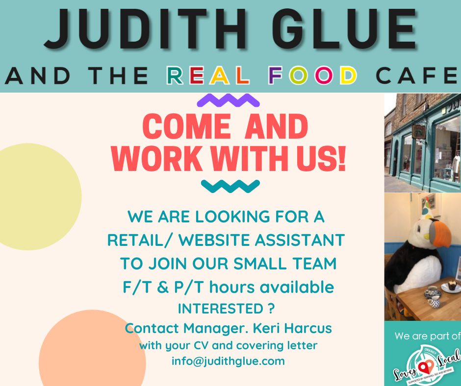 JudithGlue's tweet photo. Looking for something different? We're hiring! 
Several positions available!
For any further information or to apply with a CV and
cover letter; please email us at info@judithglue.com or
post to Judith Glue, 25 Broad Street, Kirkwall, KW15 1
DH https://t.co/bwTtAE58g9