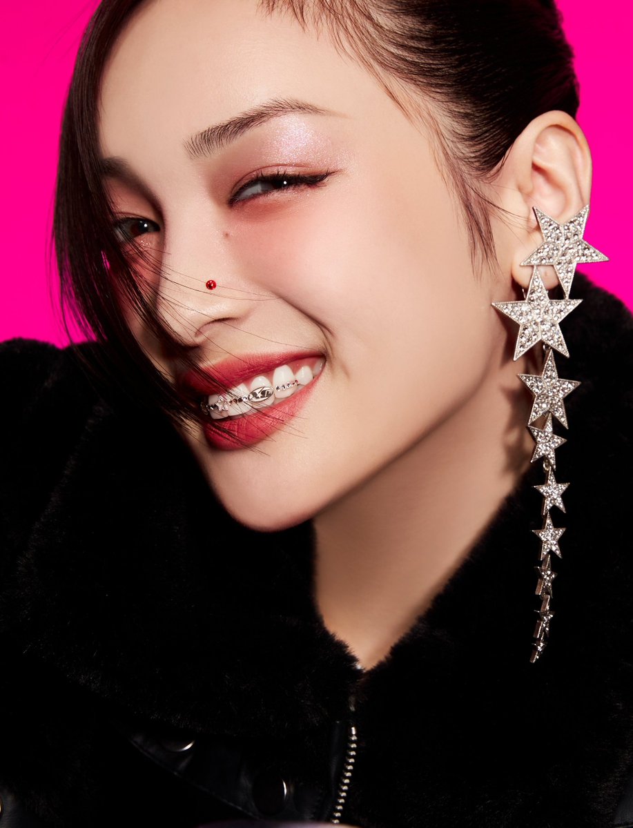 1girl solo pink background earrings jewelry star (symbol) teeth  illustration images