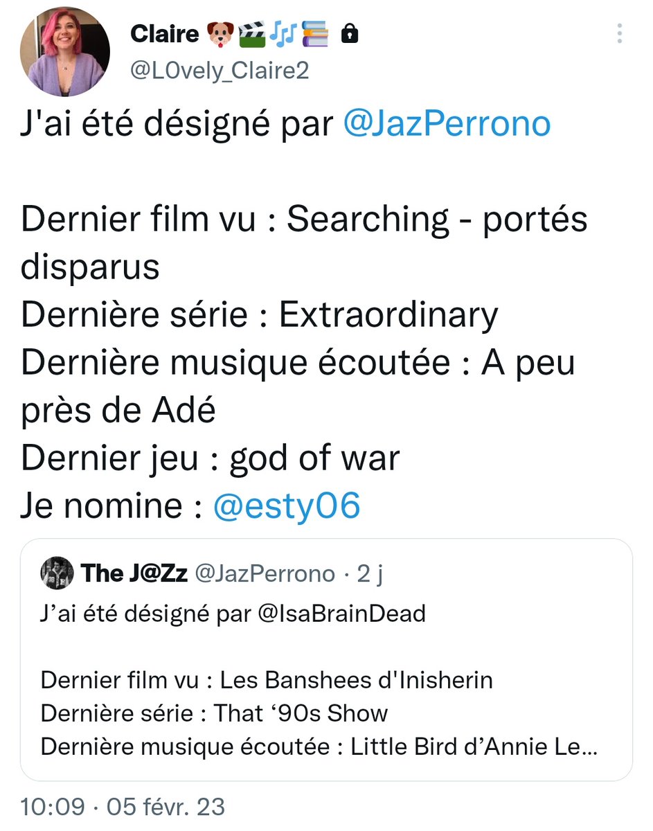 esty06's tweet photo. J'ai été désigné par @L0vely_Claire2 🌸
Dernier film vu : #KnockAtTheCabin (inédit), #GodzillaII (rewatch)
Dernière série : #EarthStorm #CloneWars
Dernière musique écoutée : Nfasis - Lento
Dernier jeu : #HogwartsLegacy 🪄🐍
Je nomine : @melifog @_EmmaBANANA https://t.co/5jRntQm8JJ