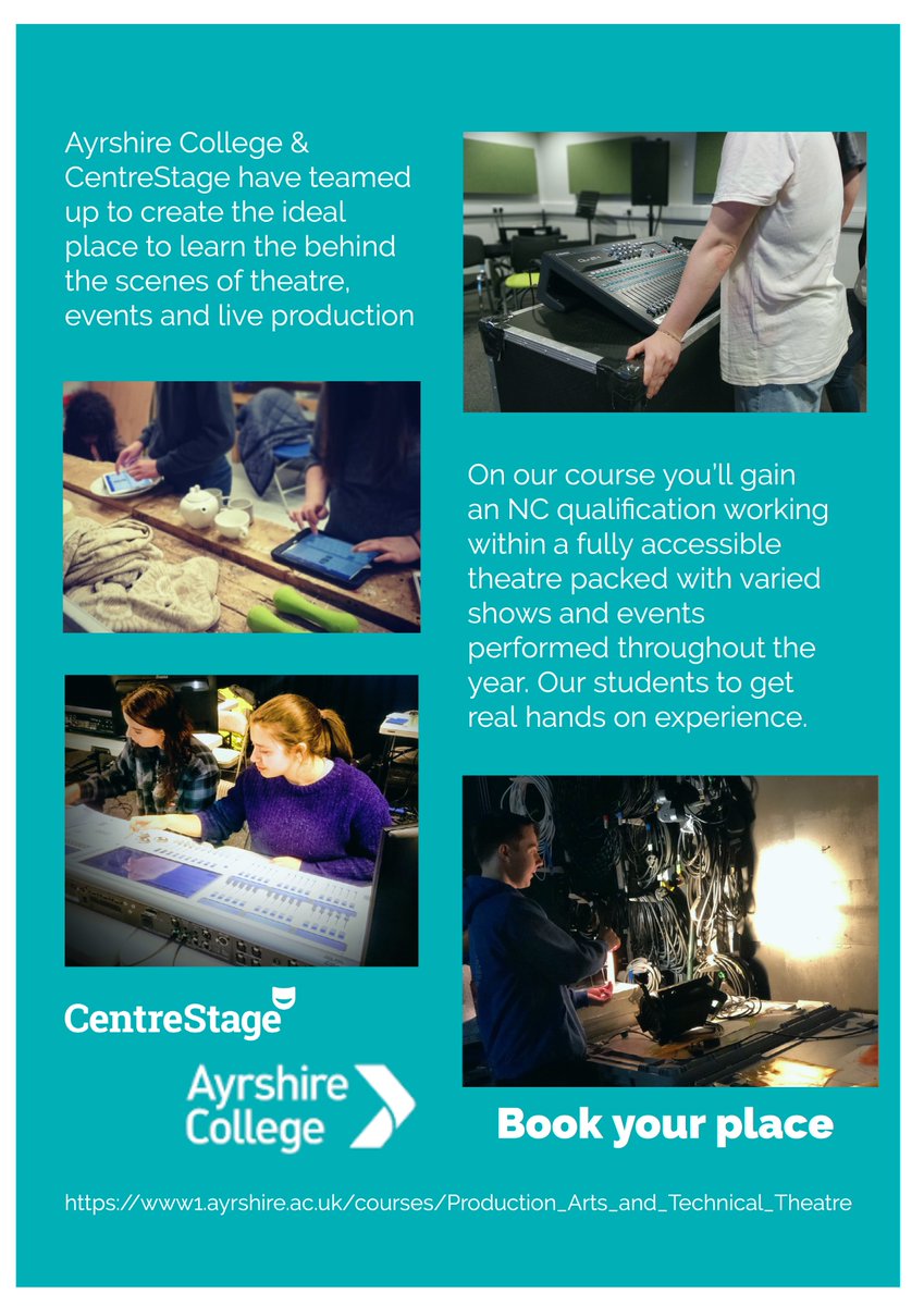 Want to start out on a career in events, theatre, film and live performance?
<a href="/AyrshireColl/">Ayrshire College</a> &amp; <a href="/CentrestageMT/">CentreStage</a> have teamed up to offer an NC qualification in Technical Theatre to get you headed in the right direction. Book now via the link in our bio. #learning #ayr #tech #nc #study