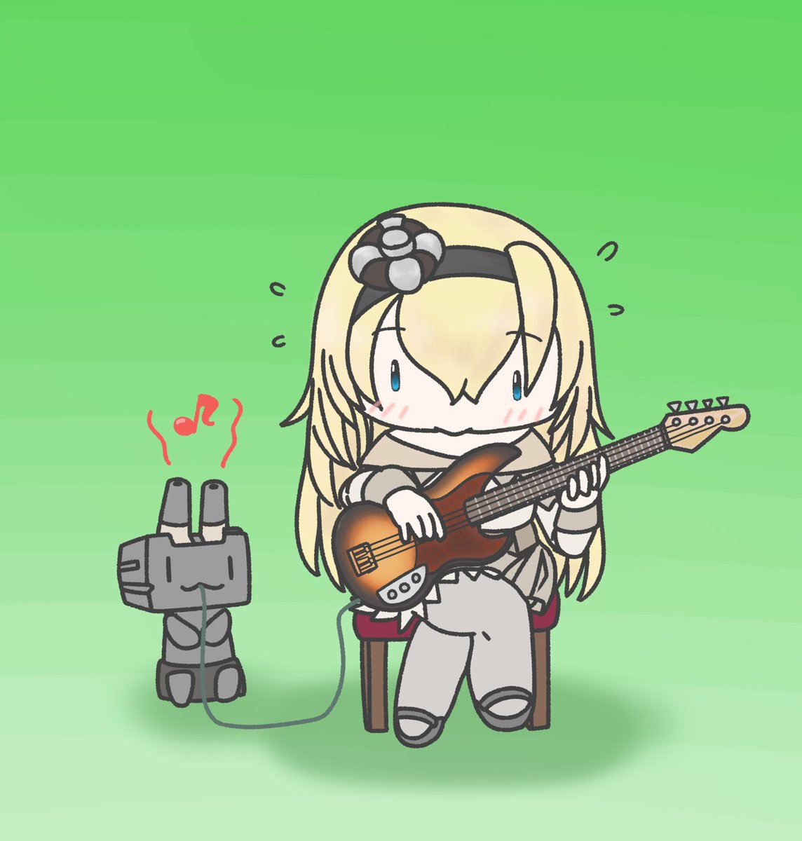 「何事にもチャレンジ精神旺盛なウォーさま、ベースを練習する。 」ジョニーのイラスト