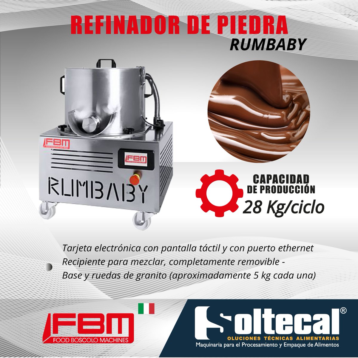 SOLTECAL's tweet image. El Rumbaby permite alcanzar un grado de refinado de hasta 20 micras, Al igual que las Rumbo más grandes, tiene una entrada de aire caliente forzado hasta 75 ° C. 
.
#temperingmachine #chocolatemachine #beantobar #cacao #cacaoychocolate
