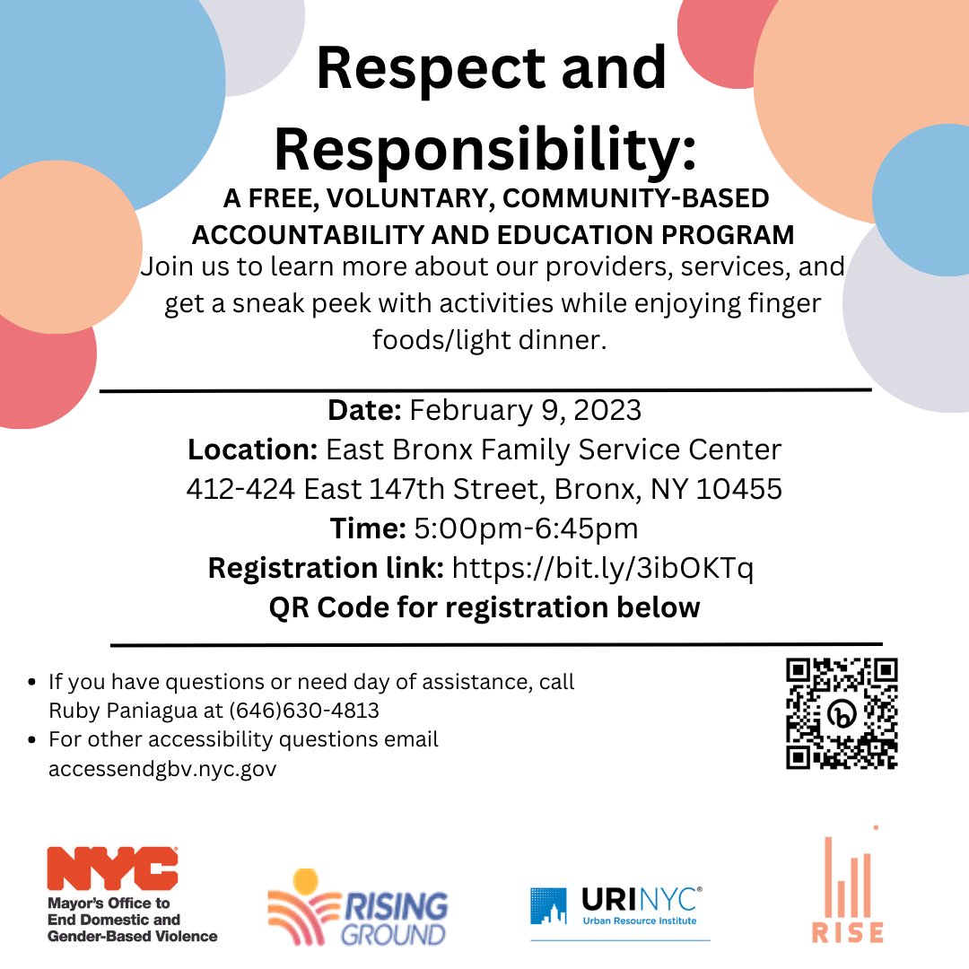👋🏽JOIN US at the NYC Bronx FJC for an outreach event on Thur., FEB. 9, 5:00 PM to learn about our 'Respect and Responsibility' providers & their respective services. Scan QR Code or register here: bit.ly/3ibOKTq #awarnesshelphope @risinggroundny @URI_NYC @riseprojectnyc
