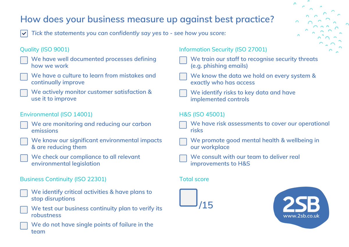 twoSB Management Systems (@2sbmansystems) on Twitter photo How does your business measure up against best practice?
Contact us at info@2sb.co.uk to find out how we can help you implement and maintain your ISO management systems.
#ISO9001 #ISO14001 #ISO22301 #ISO27001 #ISO45001 #ISOManagementSystems #ISOConsultants How does your business measure up against best practice?
Contact us at info@2sb.co.uk to find out how we can help you implement and maintain your ISO management systems.
#ISO9001 #ISO14001 #ISO22301 #ISO27001 #ISO45001 #ISOManagementSystems #ISOConsultants