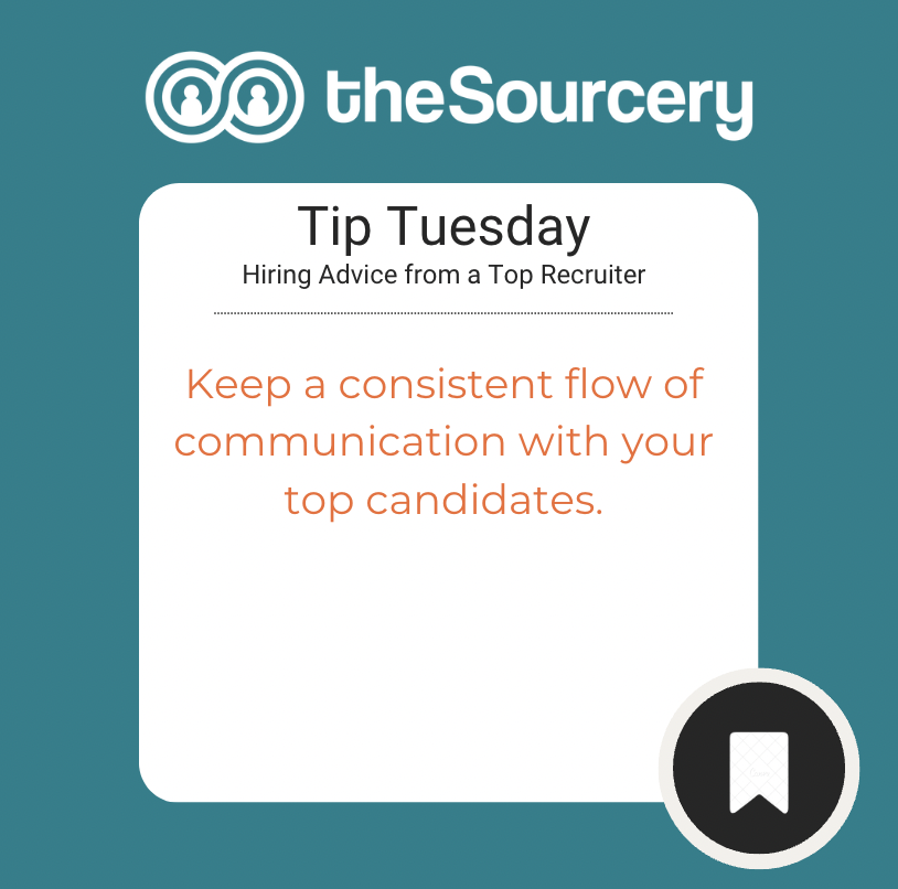 thesourcery's tweet photo. TIP TUESDAY: Keep a consistent flow of communication with your candidates. To keep up with the competition and make the best new hires, hiring managers need to act fast and keep a consistent flow of communication between themselves and the candidate #tiptuesday #hiringtips https://t.co/jJYJdenY00