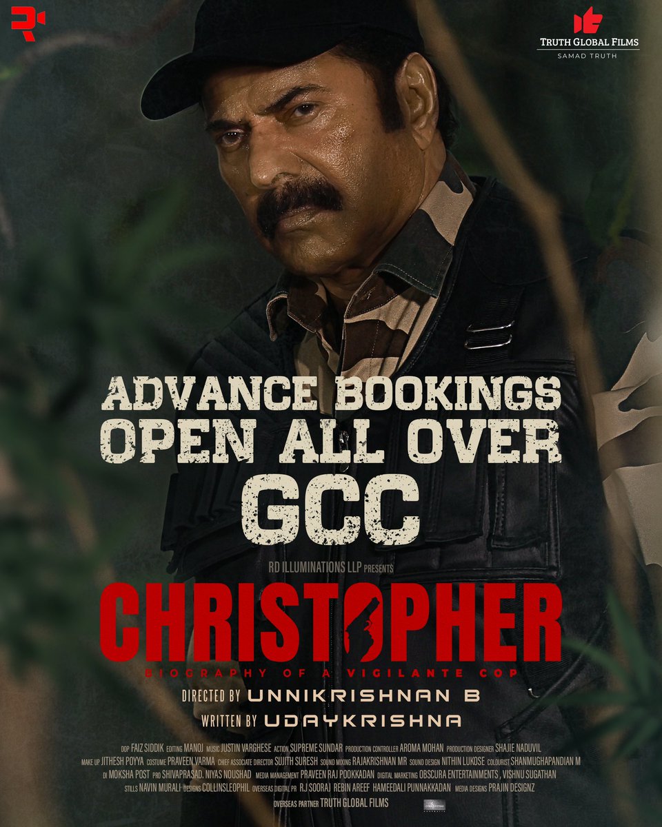 Get ready to Experience the The Maverick Vigilante Cop on Screens All over 🤩

Bookings Are Open All Over GCC 🎟️

Grab your tickets now 💥

Christopher in cinemas from February 9 !

#ChristopherMovie #mammootty #samadtruth #RDIlluminations #TruthGlobalFilms #BUnnikrishnan