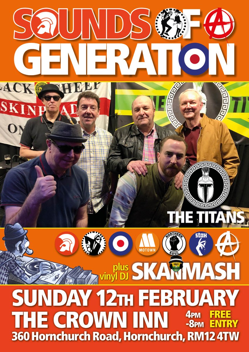 <a href="/essexgigguide/">Essex Gig Guide</a> <a href="/essexalliancesc/">Essex Alliance SC</a> <a href="/essexevents/">Essex Events</a> Sun 12 Feb 4pm at Crown Inn #hornchurch #essex with The Titans &amp; #vinyl selections. #ska #reggae #Motown #Atlantic &amp; Northern #Soul Bring your best dancing shoes and voices, its going to be a busy one!
FREE entry.