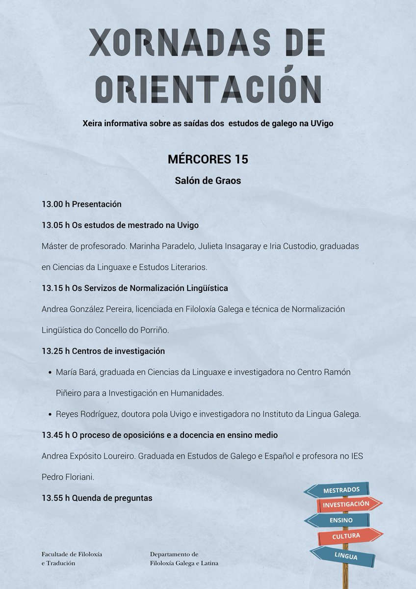 GalegoVigo's tweet photo. Rapazada! 
Os que esteades interesados en iniciar ou continuar estudos de galego na UVigo tedes unhas xornadas interesantísimas onde antigas compañeiras explicarán cales son as saídas posibles na nosa universidade. Animádevos! https://t.co/xYvDiy13CD
