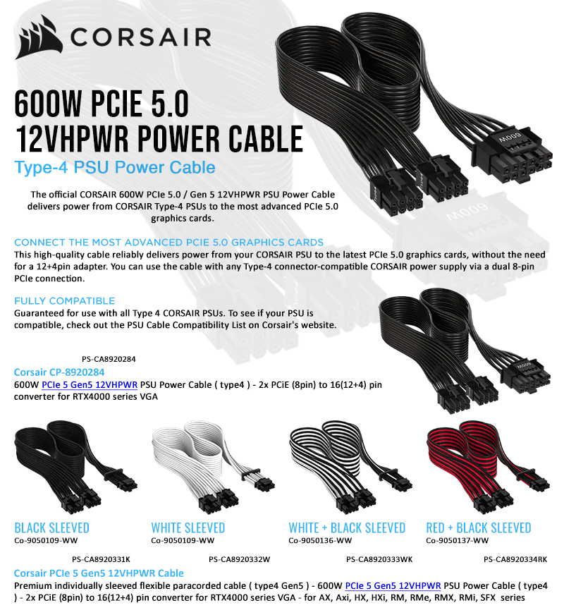 FrontosaSA's tweet image. The official CORSAIR 600W PCIe 5.0 / Gen 5 12VHPWR PSU Power Cable delivers power from CORSAIR Type-4 PSUs to the most advanced PCIe 5.0 graphics cards. Now available on our website!

Link: frontosa.co.za

#corsair #powercables #powercable #hardware