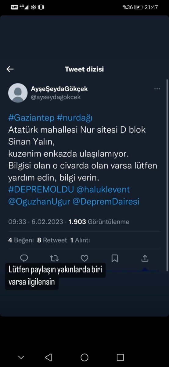 Hala haber alamıyoruz Lütfen yardım edin <a href="/haluklevent/">Haluk Levent ( Ahbap Ekibi )</a> <a href="/AFADBaskanlik/">AFAD</a> <a href="/AFADBaskanlik/">AFAD</a> <a href="/GundemiAntep27/">Antep Gündemi</a> <a href="/gantepvaliligi/">Gaziantep Valiliği</a>