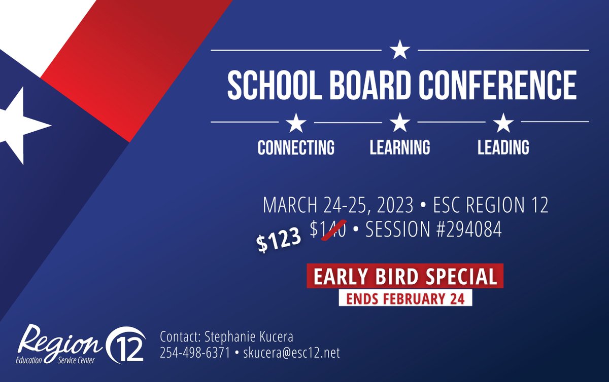 School Board Members: stay local and save time and money for your training!

Register for the School Board Conference by February 24 to take advantage of our $123 early-bird special!

Sign up here: txr12.escworks.net/catalog/sessio…