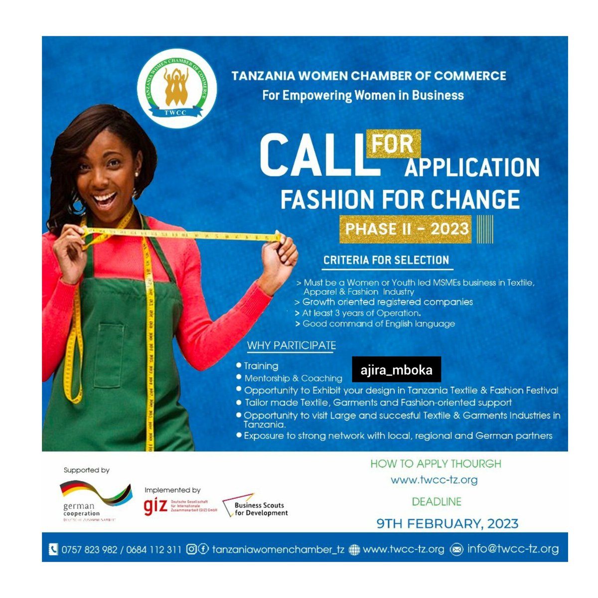 ajira_mboka's tweet photo. "Clothes aren't going to change the world,the women who wear them will".Call for entries in Fashion For Change Phase II
#WomenEconomicEmpowerment #Bsfd #Ajiramboka #mbokagroup @TanzaniaWomen
Apply via:https://t.co/yHcus3lzrA… https://t.co/fyRpvkJjIT