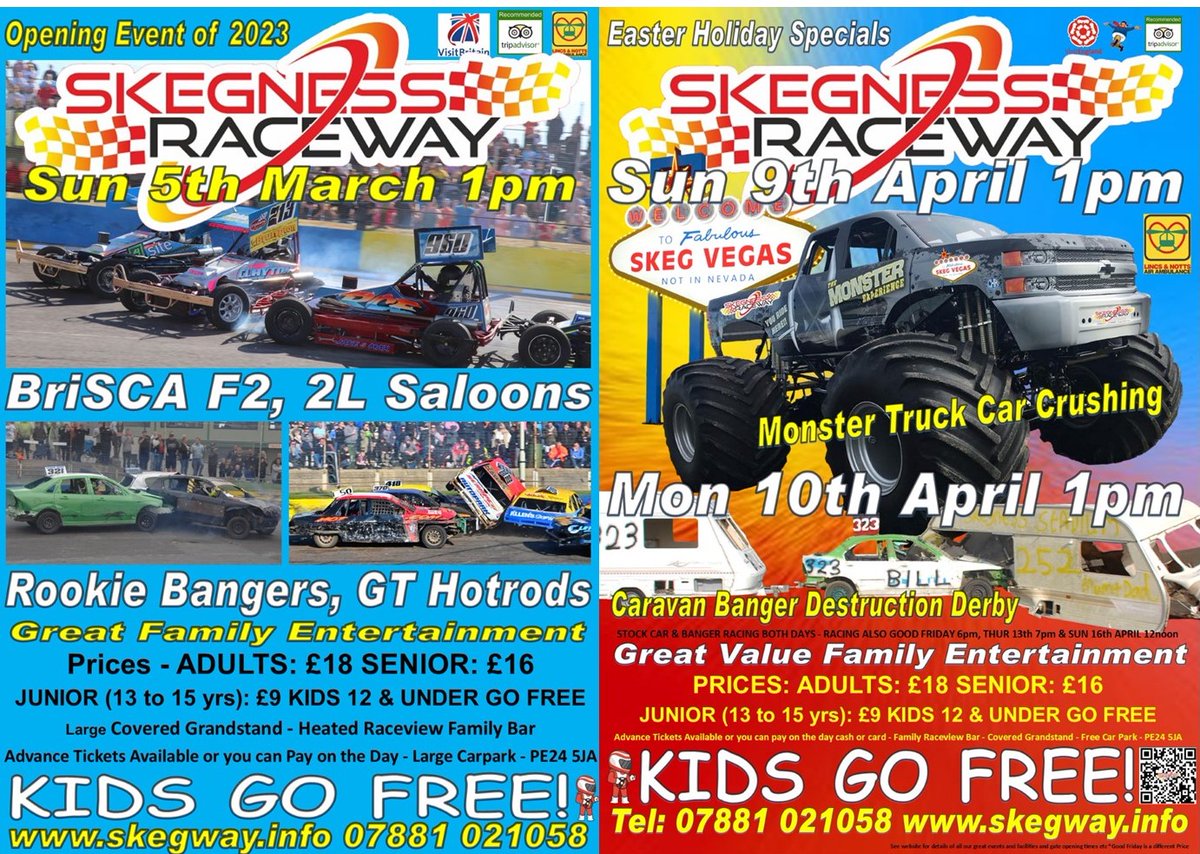 skegnessraceway's tweet photo. Easter Holiday weekend will be Fabulous with our first Monster Truck &amp; Caravan Race of 2023
Our first event is Sun 5th March 1pm
Full 2023 Event Guide &amp; Advance Tickets are on https://t.co/i6hkoGazFM
Skegness Raceway is also home to the famous Skeg Vegas sign
Kids go Free https://t.co/CBSbpIUHLF