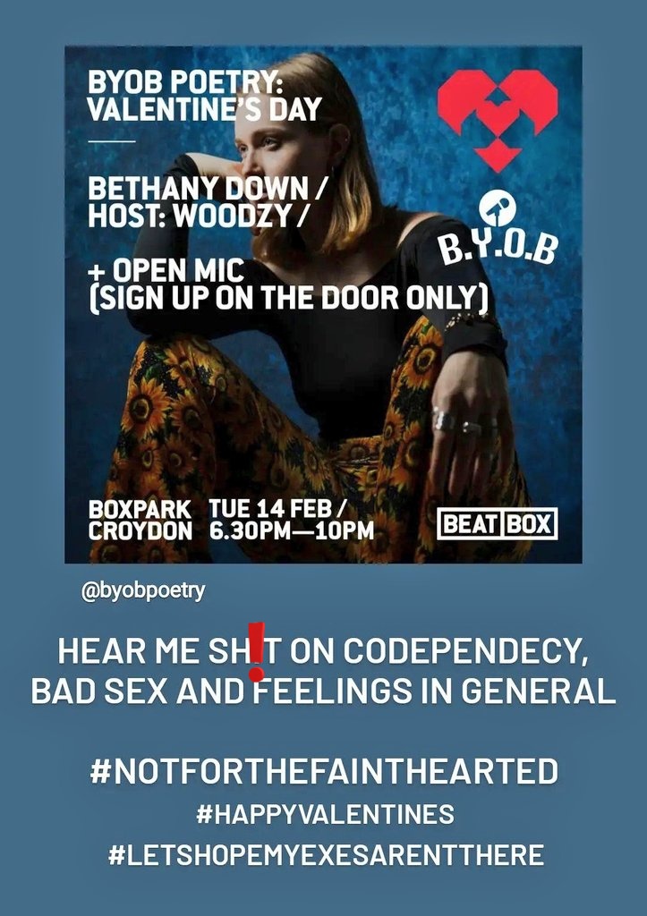 eventbrite.co.uk/o/bring-your-o…

looking for a date? 

valentines day 2023 🌹
boxpark croydon 💋
c u there bae 😘

#spokenword
#ValentinesDay
#poetry

<a href="/ByobPoetry/">Bring Your Own Bars Poetry London</a>
<a href="/BoxparkCroydon/">BOXPARK CROYDON</a>