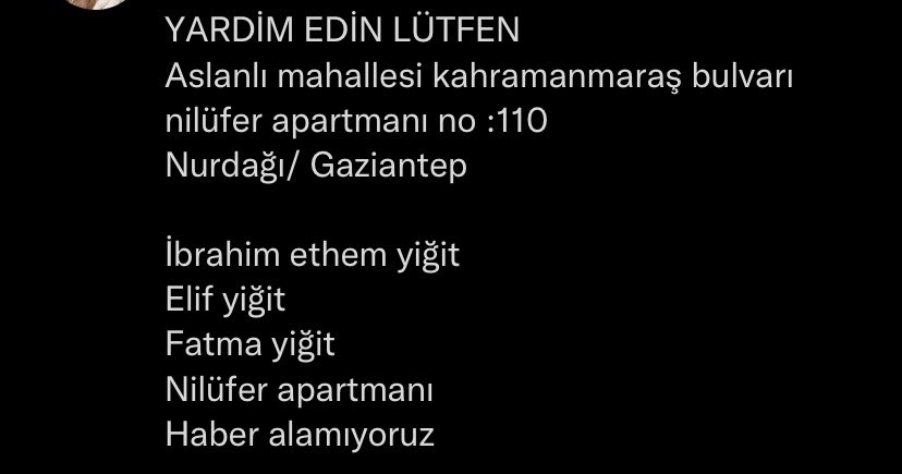 Lütfen bi haber alalım artık lütfen <a href="/DepremDairesi/">AFAD Deprem</a> <a href="/haluklevent/">Haluk Levent ( Ahbap Ekibi )</a> <a href="/OguzhanUgur/">Oğuzhan Uğur</a> <a href="/turkpdrdernegi/">Türk PDR Der- Psikolojik Danışma ve Rehberlik</a> <a href="/siring/">Sirin Payzin</a> #sondakikadeprem