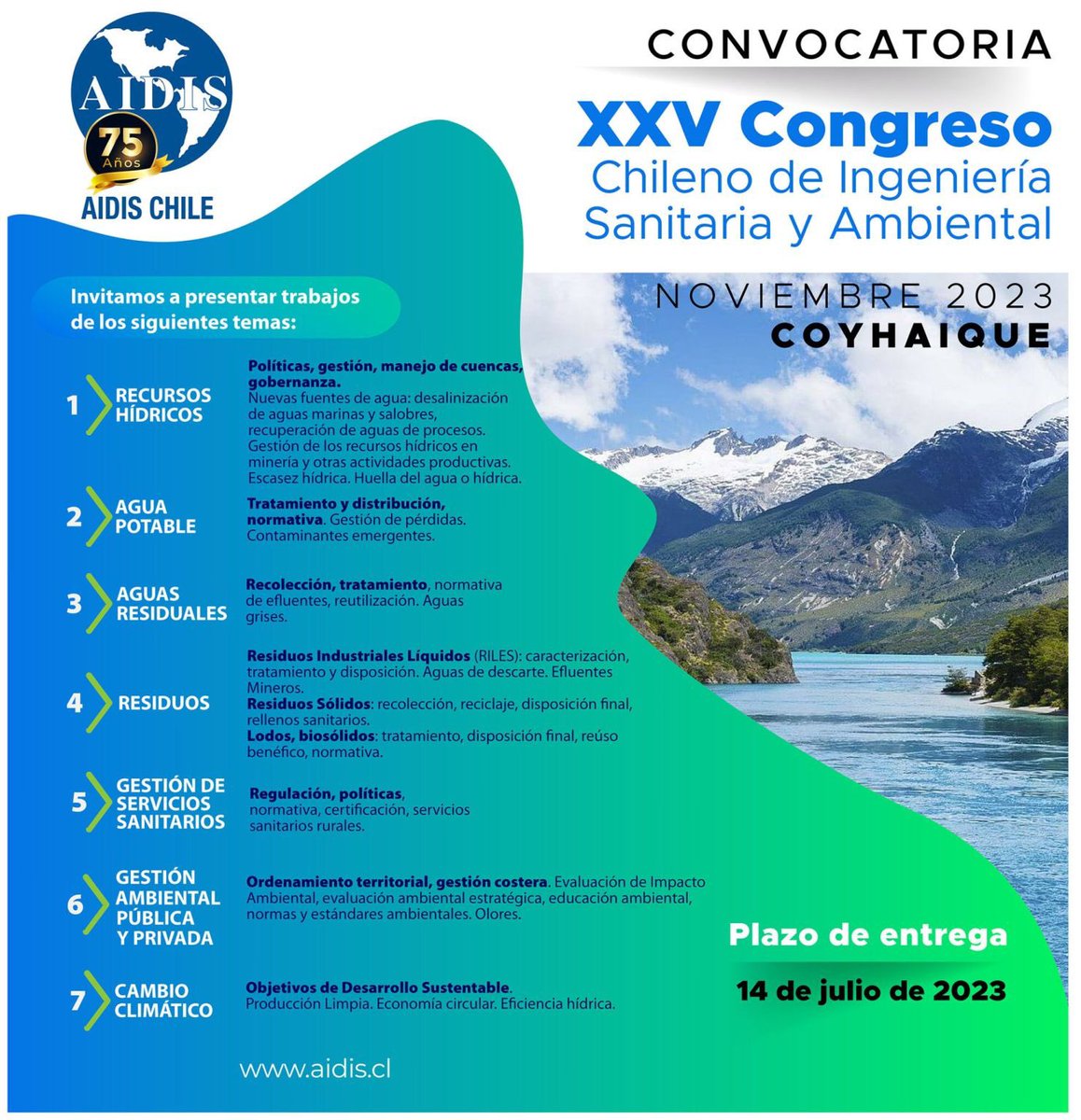 Convocatoria de Congreso Técnico en Noviembre 2023 de la Asociación Interamericana de Ingeniería Sanitaria y Ambiental de Chile #CongresodeAIDIS <a href="/aidiscomunica/">Comunicaciones-AIDIS</a> <a href="/aidischile/">Aidis Chile</a> <a href="/AidisRegulacion/">Aidis.Cl Regulacion</a>