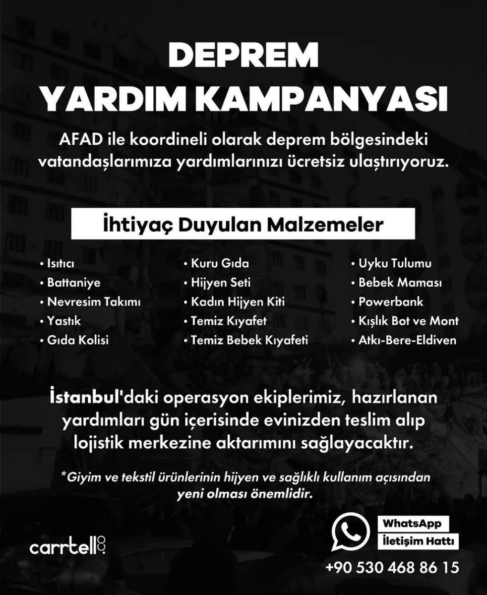 eticareturkiye's tweet photo. İstanbul’da yaşayan ve toplama merkezlerine ulaşamayacak durumda olanlar Carrtell aracılığı ile yardımlarını ulaştırabilir. https://t.co/lkkRaVw8wT