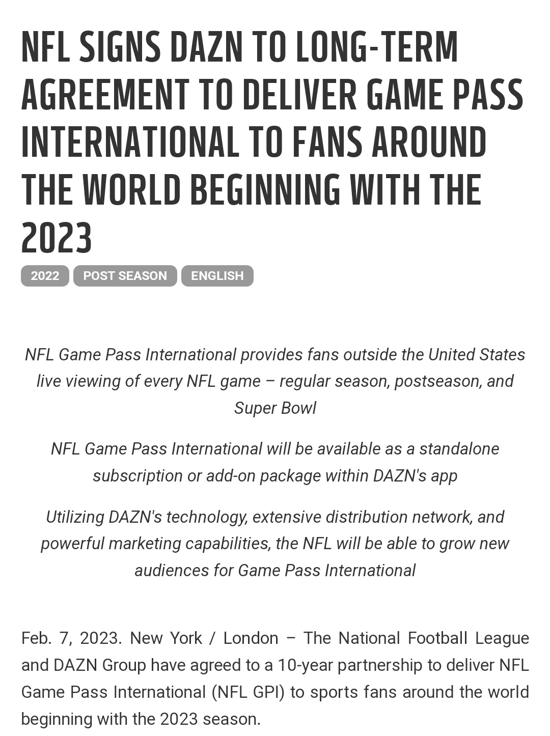 NFL, DAZN sign agreement for Game Pass International package
