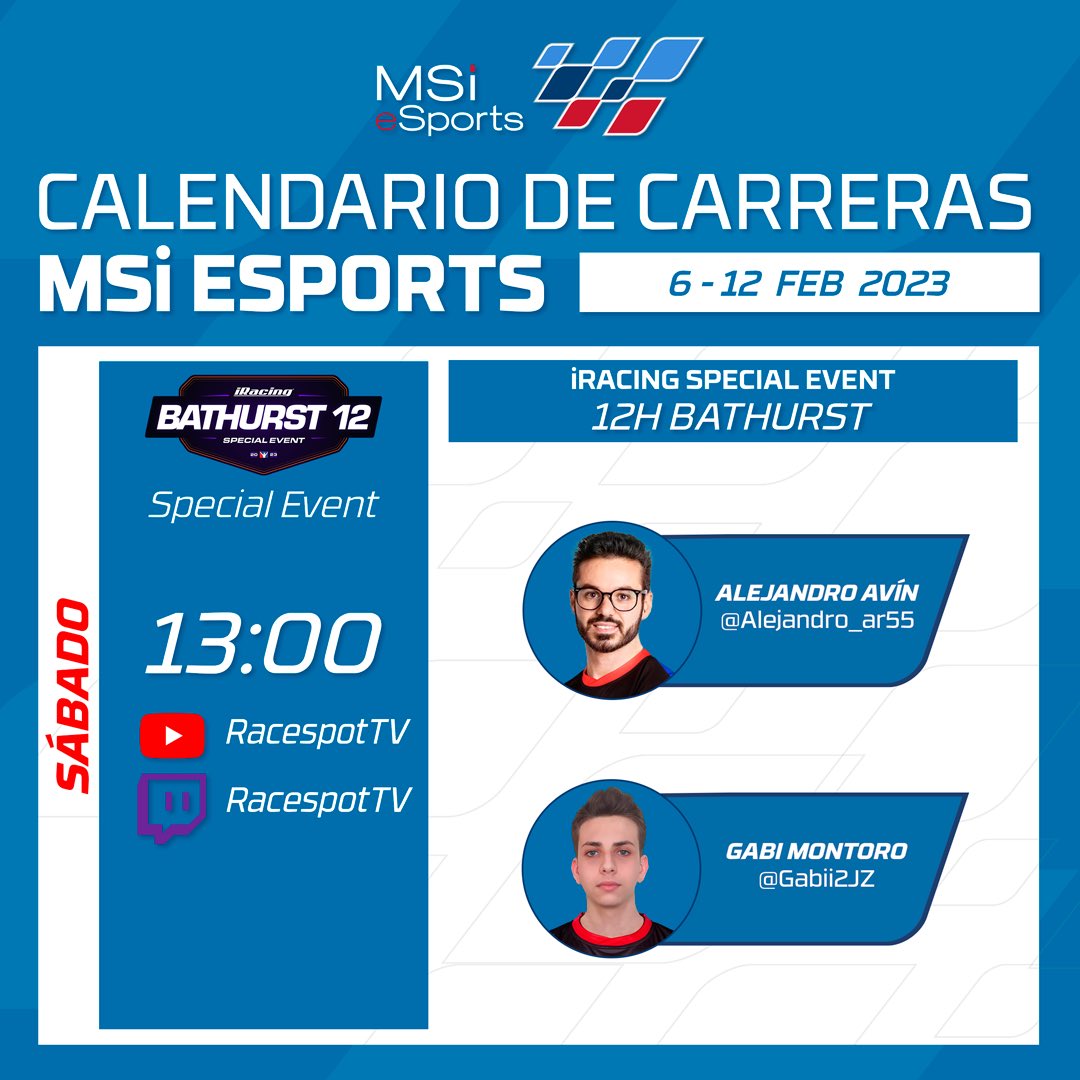 🚨 IRACING SPECIAL EVENT🚨 

Llega este fin de semana las 12 hrs de Bathurst 🎮.

No os la perdáis en racespot.tv

#msiesports #msispain #iracing #racespottv #ppgfinishesiberia#lumileds #philipsspain #algadi #ucalsa