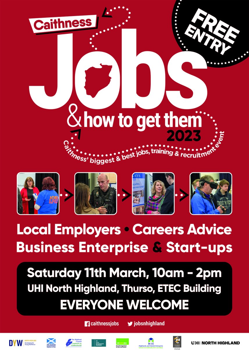📣 CALLING ALL EMPLOYERS!

We are delighted to announce the return of Caithness Jobs and How To Get Them event!  

📍@UHI_NH Thurso 
📆 Sat 11th March  10am - 2pm

If your company would like to participate, please contact Nicola@dywnh.scot or call 01847 890076 to book a table