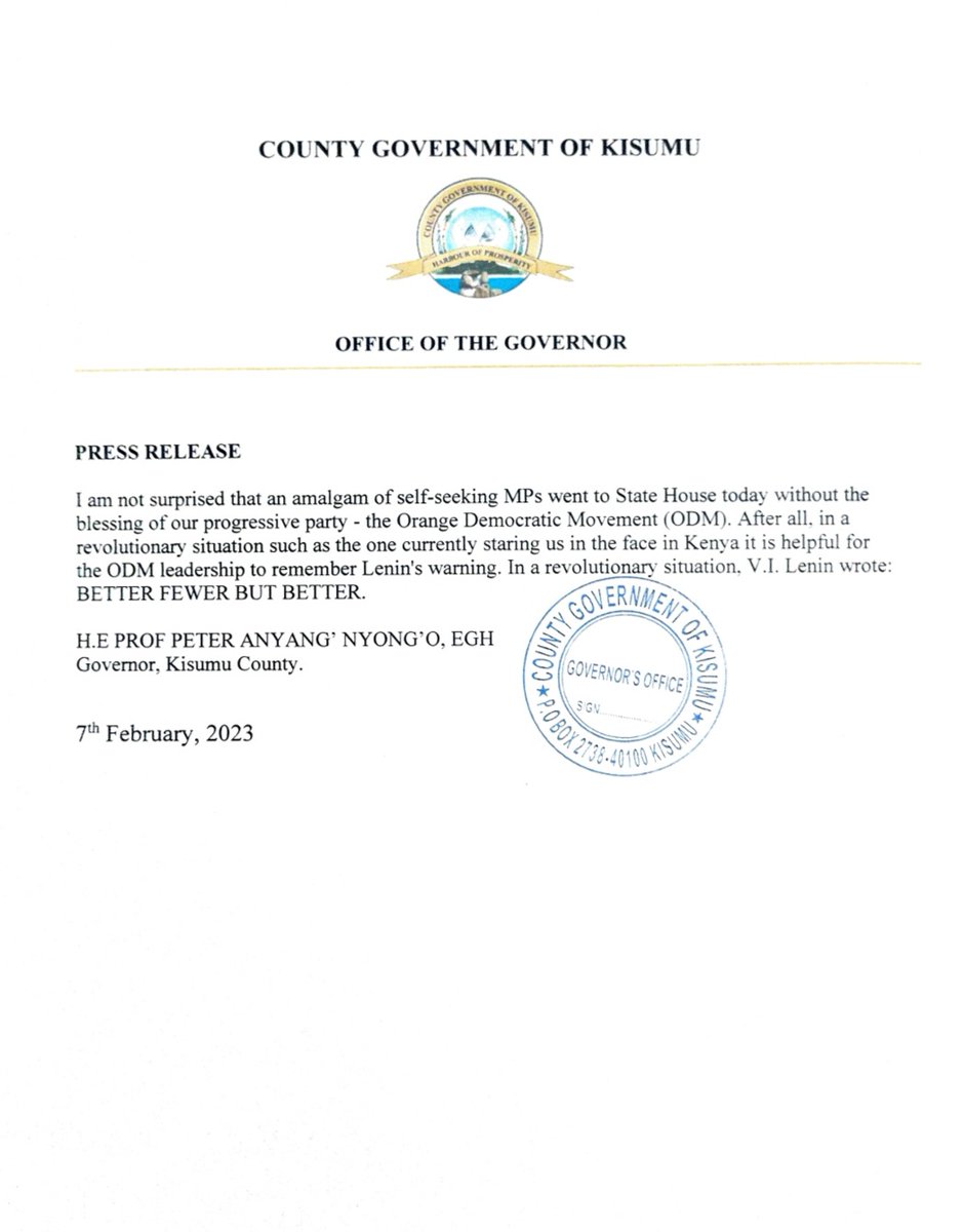AnyangNyongo's tweet photo. PRESS RELEASE
I am not surprised that an amalgam of self-seeking MPs went to State House without the blessing of our progressive party, the Orange Democratic Movement (ODM). https://t.co/NH0owb24qF