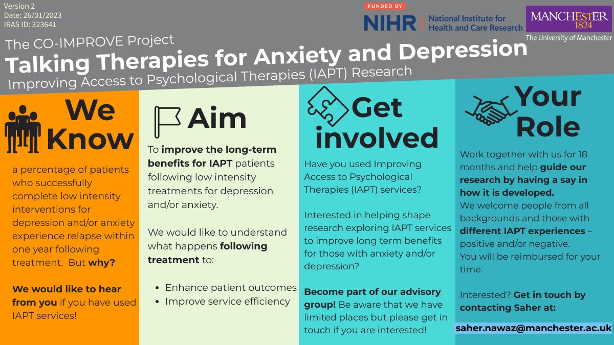 WE WANT YOUR HELP!
We are still #recruiting for our PPI Advisory group! 
Get involved in #mentalhealth research and share your thoughts and opinions to help shape our study. 
If you are #interested, then please get in touch. Details below ⬇️
#research #iapt #depression #anxiety