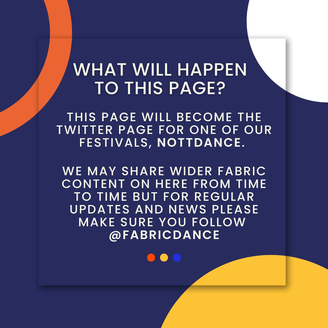 📣 We’re moving accounts 📣

Now that we have merged with DanceXchange to become FABRIC, we have a new <a href="/fabricdance/">FABRIC</a> Twitter page for you to follow! 🙌

Keep up to date with our activity over at <a href="/fabricdance/">FABRIC</a> &amp; stay with us here for Nottdance news when we switch our account over 🔃