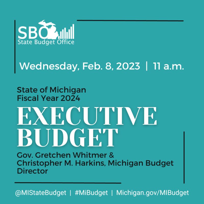 Join Governor Gretchen Whitmer and <a href="/MIStateBudget/">State Budget Office of Michigan</a>  Director Christopher M. Harkins as they present the FY 2024 Executive Budget, Wednesday, Feb. 8 at 11 a.m. You can watch a live stream of the presentation on Senate TV at bit.ly/3YppiJw.